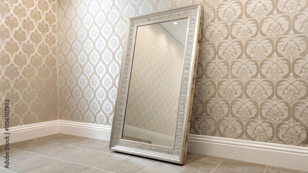 Poster A large frameless mirror leans against a patterned wall covered with soft wallpaper its reflective surface enlarging the perception of space in the chic compact bathroom.