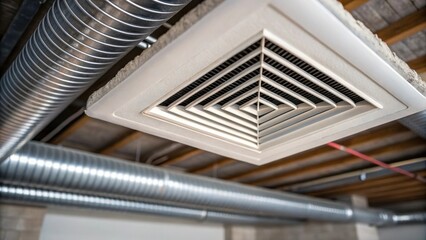 Obraz premium A lole closeup showcasing a compact heating vent installed close to the floor with thick robust ducts overhead that form geometric patterns across the ceiling creating a feeling of