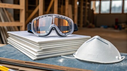 A large pair of safety goggles perched atop a stack of project manuals accompanied by a dust mask ready for use on the next phase of the renovation.