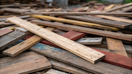 A jumble of narrow and wide wooden slats some with old paint remnants lies in disarray