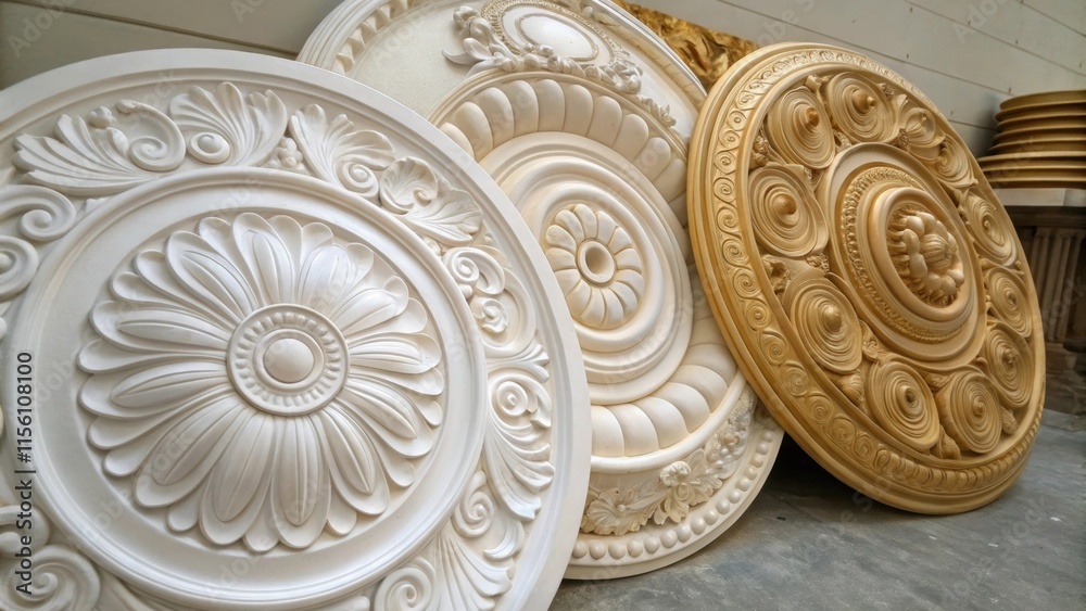 Poster a grouping of ceiling medallions and rosettes intricately designed with floral elements and swirling