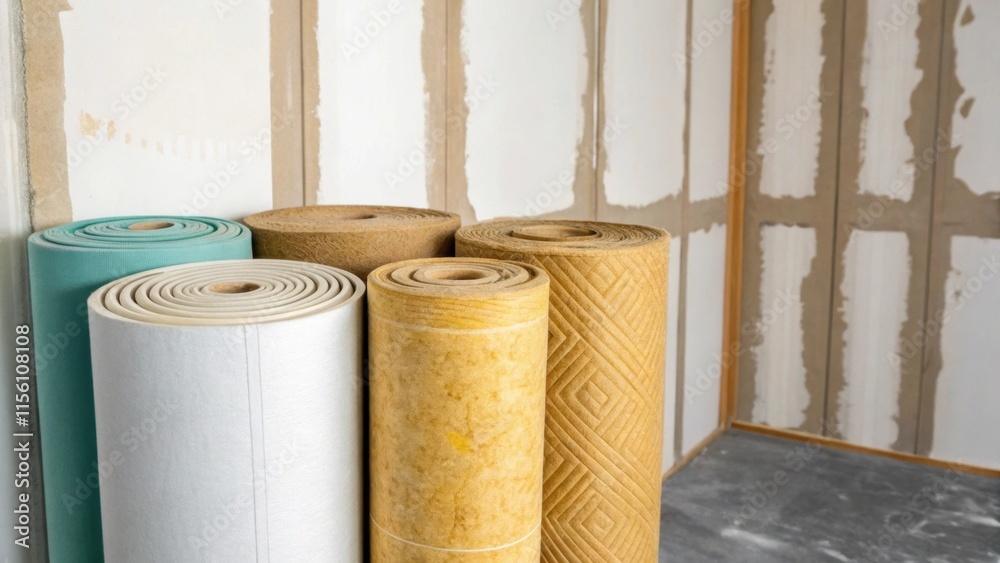 Poster A glimpse of the edges of the insulation rolls showcasing the different textures and colors against the backdrop of unpainted walls that are waiting for a fresh coat.