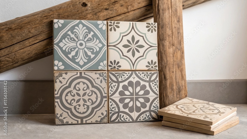 Poster A fusion of modern and vintage styles a stack of patterned cement tiles showcases intricate designs leaning against a rustic wooden beam.