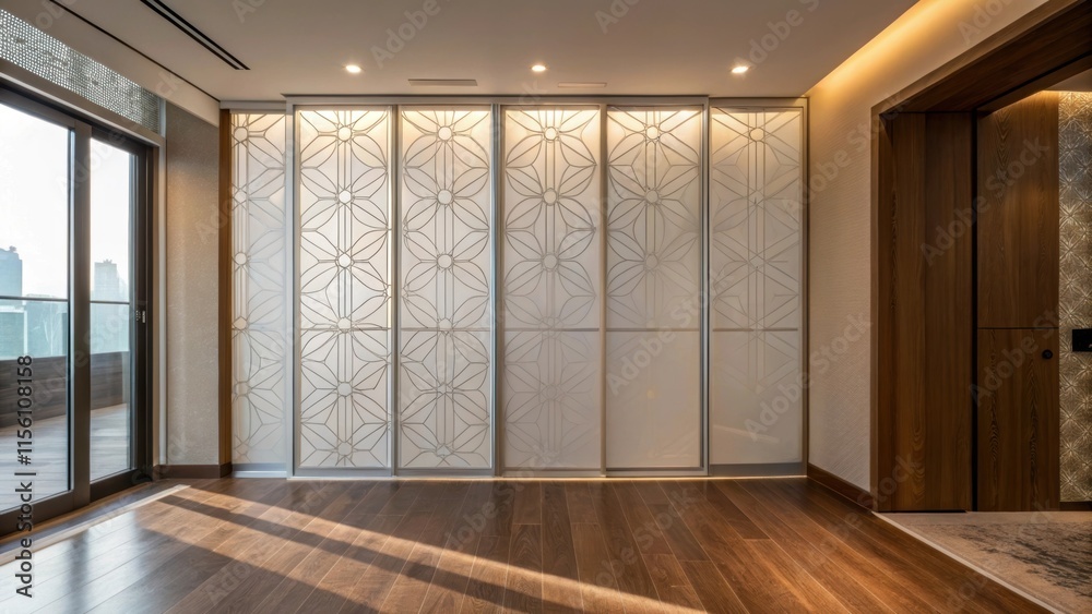 Poster A frosted glass partition with subtle geometric patterns stands gracefully in the corner casting interesting shadows on the polished wooden floor enhancing the ambiance of the