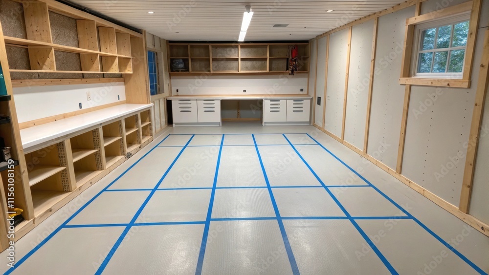 Poster A functional space with unfinished walls and a radiant floor presenting neat lines made with painters tape that sketch out the layout for a home office highlighting a dedicated