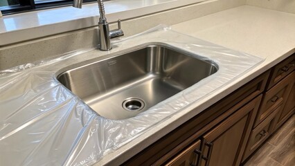 A gleaming stainless steel sink is nestled in a new countertop its surface intact and covered with a protective film while the faucet remains exposed ready for the finishing