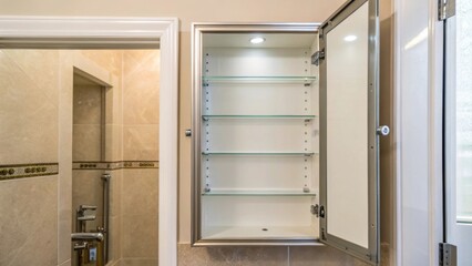 A gleaming newly installed medicine cabinet door halfopen revealing empty shelves and construction marks along the edges of the wall.
