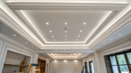 A fresh ceiling area marked by precision the surrounding space tered with smoothing blades and small bits of drywall dust a testament to the work that has taken place.