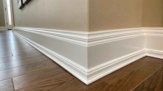 A fresh coat of paint emphasizes the sharp edges and angles of the baseboard while the neutral wall behind complements its elegance with a matte finish.