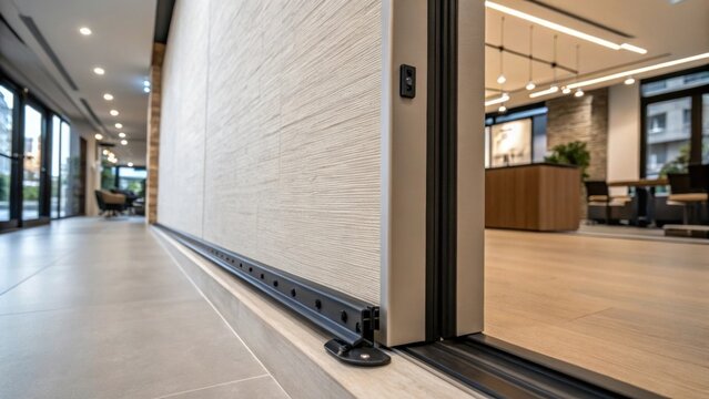 A focus on the wall reveals subtle textures while the robust sliding door track firmly anchored promises functionality and style in the newly renovated space.