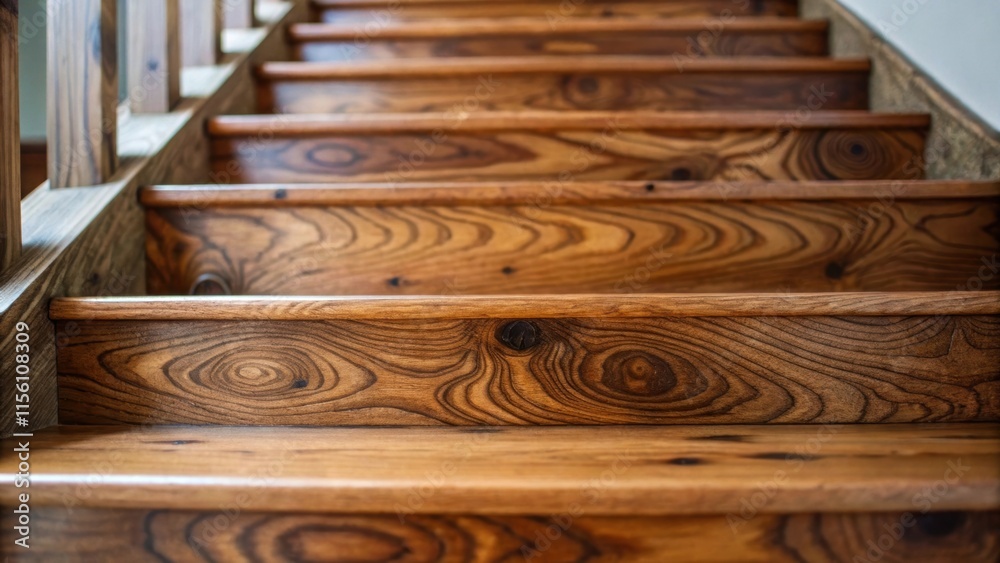 Poster a focused shot of small knots and variations in color on a stair tread with the grain flowing natura