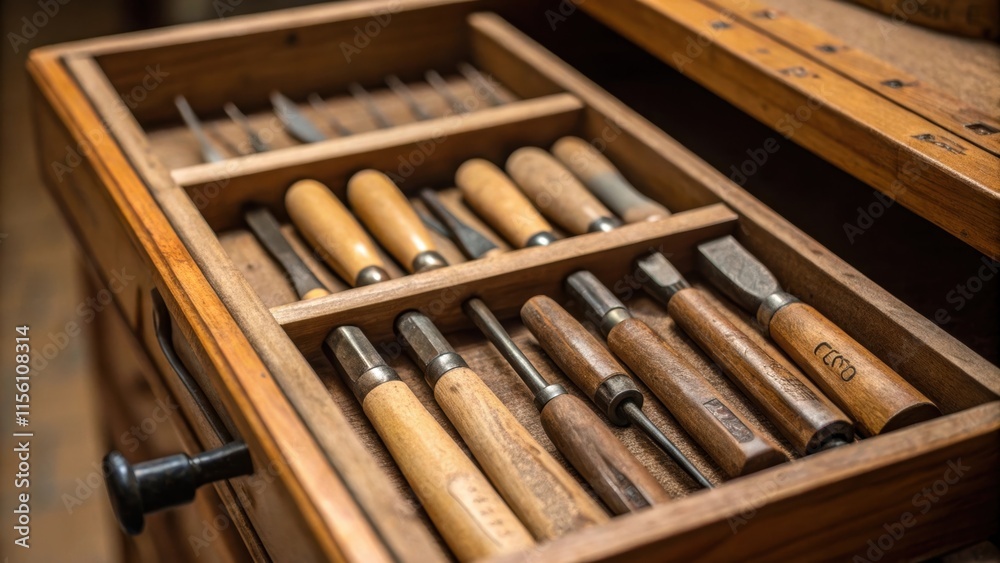 Poster A focused shot of a craftsmans tools neatly stored in an open drawer the wellworn edges of the tools hinting at stories untold framed by smooth wooden surfaces.