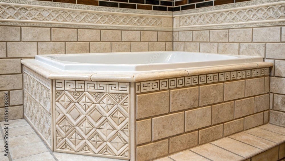 Poster a focused shot of a tiled bathtub surround showcasing a variety of rectangular tiles nestled togethe