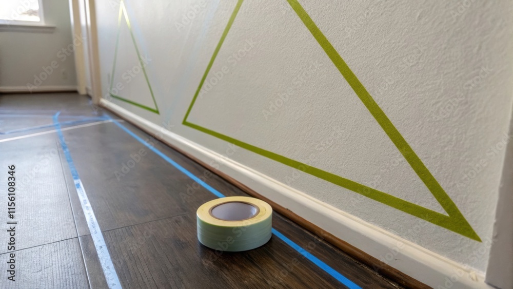 Aufkleber A focused image of painters tape against a blank wall emphasizing the precision of the angles formed with light catching the edges providing a glossy finish to the matte surface.