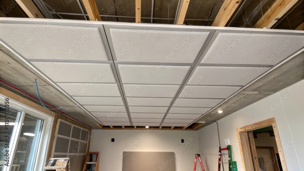 Poster A focused image on a corner of the ceiling that features a completed acoustic panel next to an area still under preparation emphasizing the dichotomy of finished and unfinished