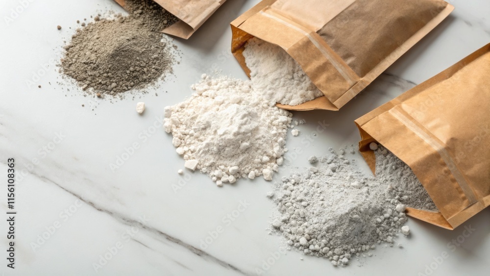 Poster a flat lay of open grout bags spilling their contents the gritty texture of the mixed grout contrast