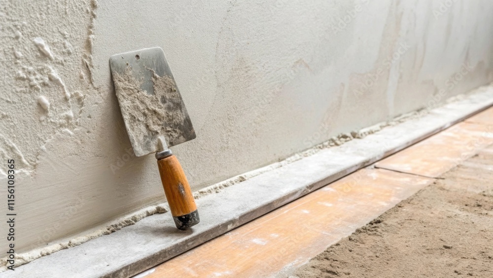 Poster a flawlessly smooth plastered wall catches the eye with its freshness while at the bottom a trowel p