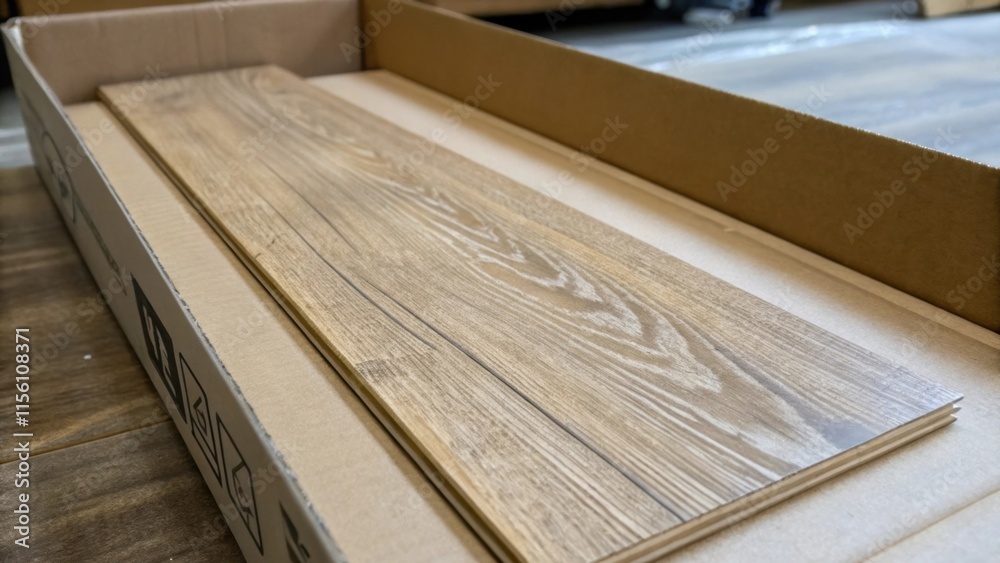 Poster A focused image capturing the textured surface of a single laminate plank peeking from a slightly od box with delicate wood grain patterns emphasizing the craftsmanship.