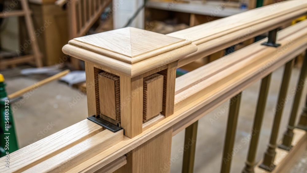 Poster A focused image of a partially assembled railing section featuring a crosssection view of connection joints displaying woodworking precision and the interplay of light and shadow