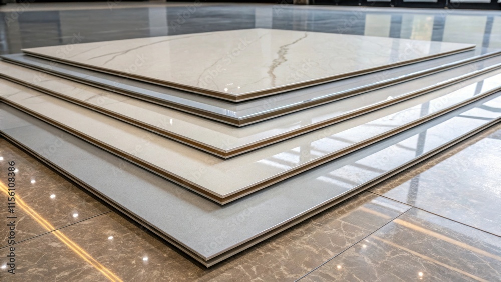 Aufkleber A few large format tiles lying atop one another displaying an exquisitely smooth surface with a mirrorlike finish perfectly showcasing the depth and elegance of the material.