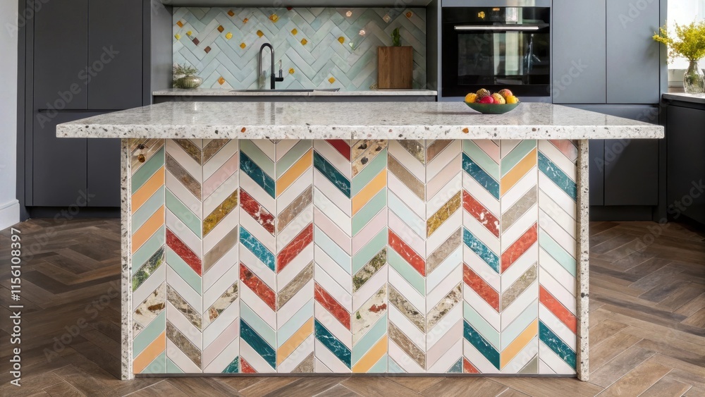 Poster A dynamic kitchen island featuring a herringbone pattern base with an unmounted countertop of vibrant terrazzo showcasing a colorful mosaic of stones and chips.