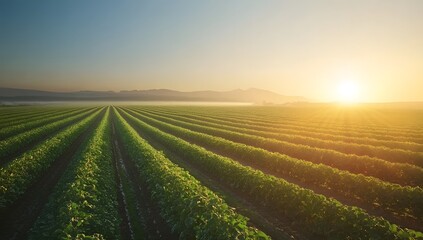 Sunrise Farm Rows Lush Green Crops Golden Light Distant Mountains