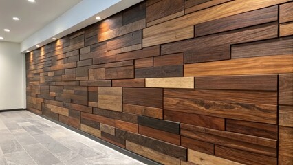 Fototapeta premium A dynamic mix of wall panels in various widths combines rich walnut and deep espresso wood colors each piece telling its own story through unique grain patterns.