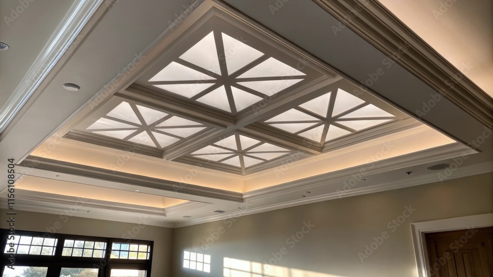 Aufkleber A diffused image captures the contours of an angular ceiling vent its shadow play casting geometric shapes onto the ceiling. The overall ambiance is serene highlighting the