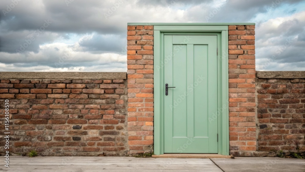 Poster a door partially covered in a soft seafoam green paint leans against a rustic brick wall displaying 