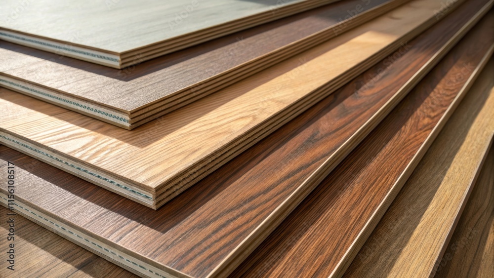 Poster A diagonal view of the stacked laminate boards highlighting the layered edges and the warm undertones of the wood grain with shadows creating depth.
