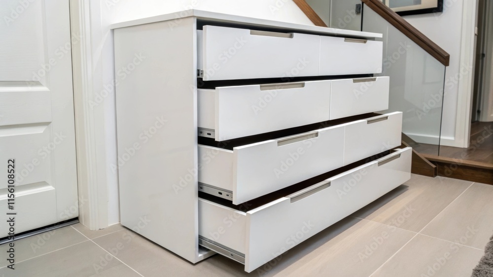 Fototapete A diagonal view reveals a stack of sleek white cabinetry drawers minimalist in design reflecting contemporary aesthetics while emphasizing functionality in a compact space.