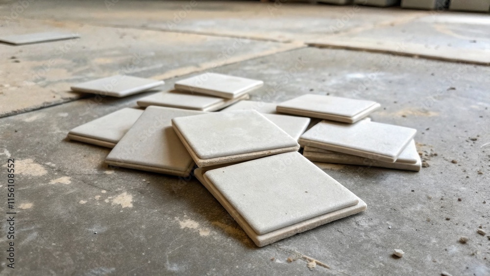 Poster a diagonal perspective of several unevenly piled tile spacers on an unfinished cement floor each pie