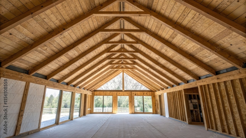 Aufkleber A diagonal perspective showcasing beams alongside freshly installed insulation framing the view with a sense of openness and rustic elegance.