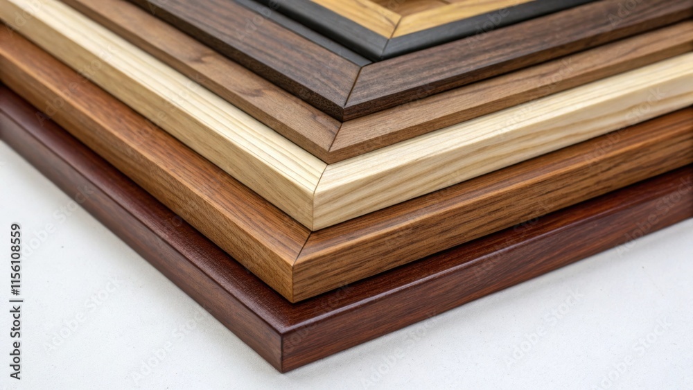 Poster A detail shot of a stack of frames showcasing the variation in wood tones from dark mahogany to light birch. The interplay of colors creates a rich visual tapestry.