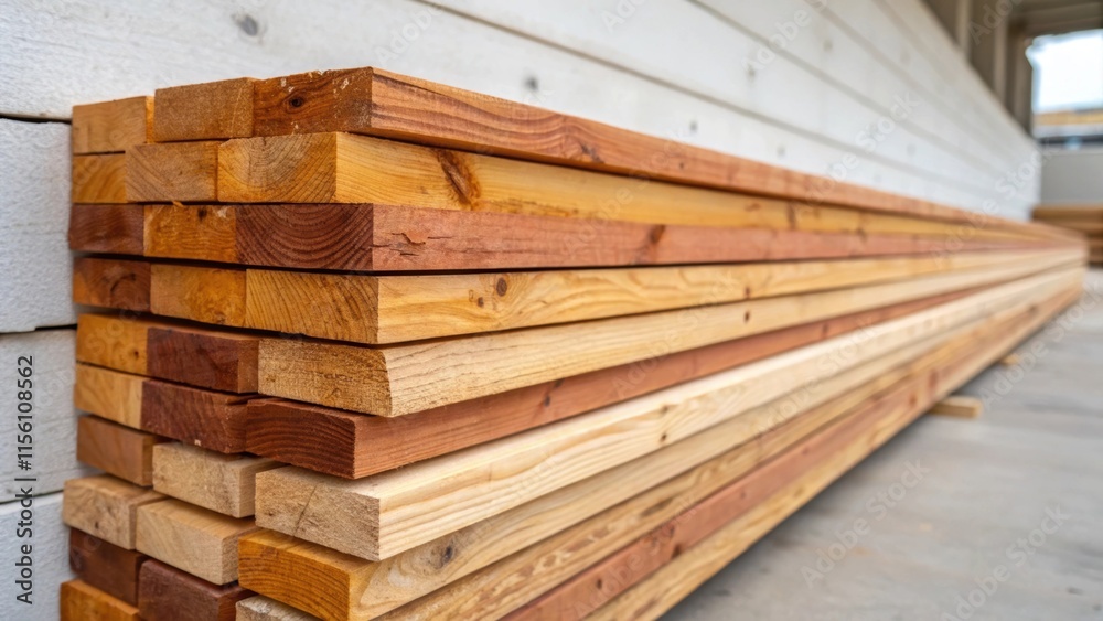 Poster a detailed view of the warm hues in a stack of wood planks where knots and imperfections bring chara