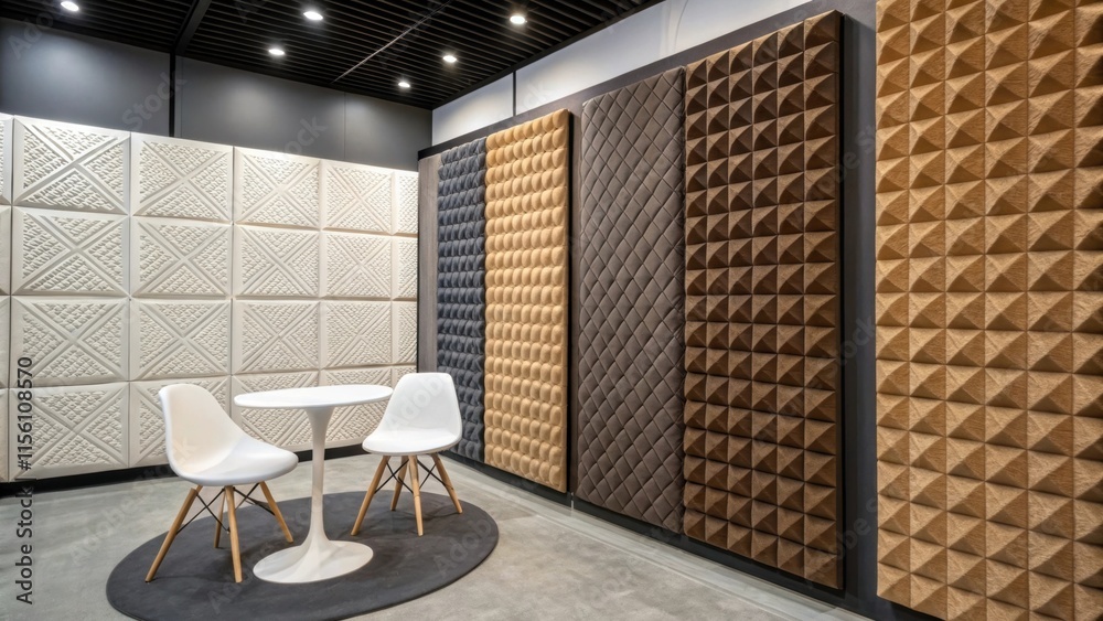 Poster a detail shot of a of soundproofing panels with their varied textures and patterns juxtaposed agains