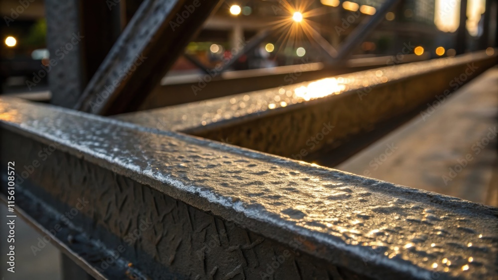 Poster A detailed view of the textured surface of the steel frame with subtle reflections of ambient light creating a dynamic interplay of shadows and highlights.