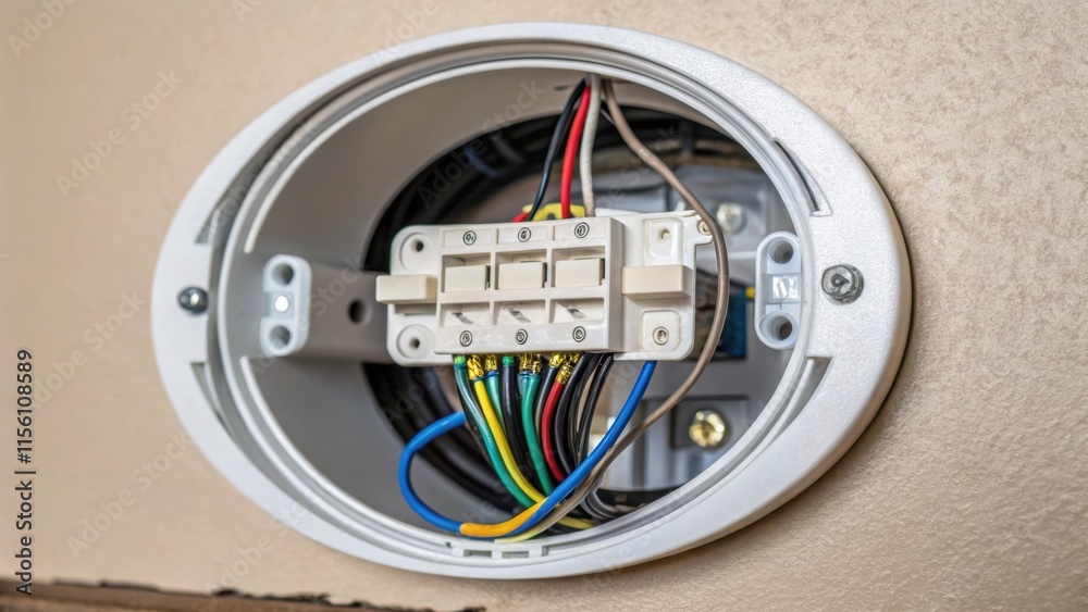 Poster a detailed view of the wiring accessories peeking out from behind a newly installed recessed light h