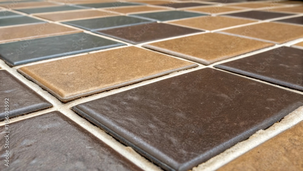 Poster A detailed view of the grout lines surrounding a few completed tiles contrasting the smooth finish of the darker tiles against the earthy tones of adjacent ones.