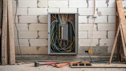 A disorganized array of tangled wires protruding from a slightly open electrical panel set against a backdrop of unfinished cinder blocks and tered tools.