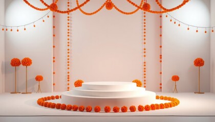 Minimalist interior design. Festive Indian style. White cream podium. Decorative orange flowers. Room setting. Event background. Elegant design. Beautiful display. Luxury event decor.