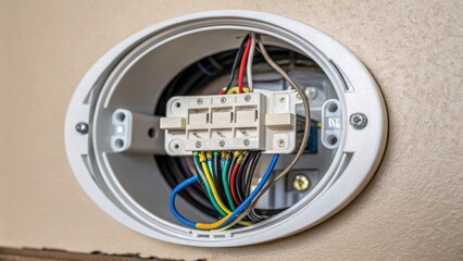 A detailed view of the wiring accessories peeking out from behind a newly installed recessed light highlighting the technical aspects behind the clean installation.