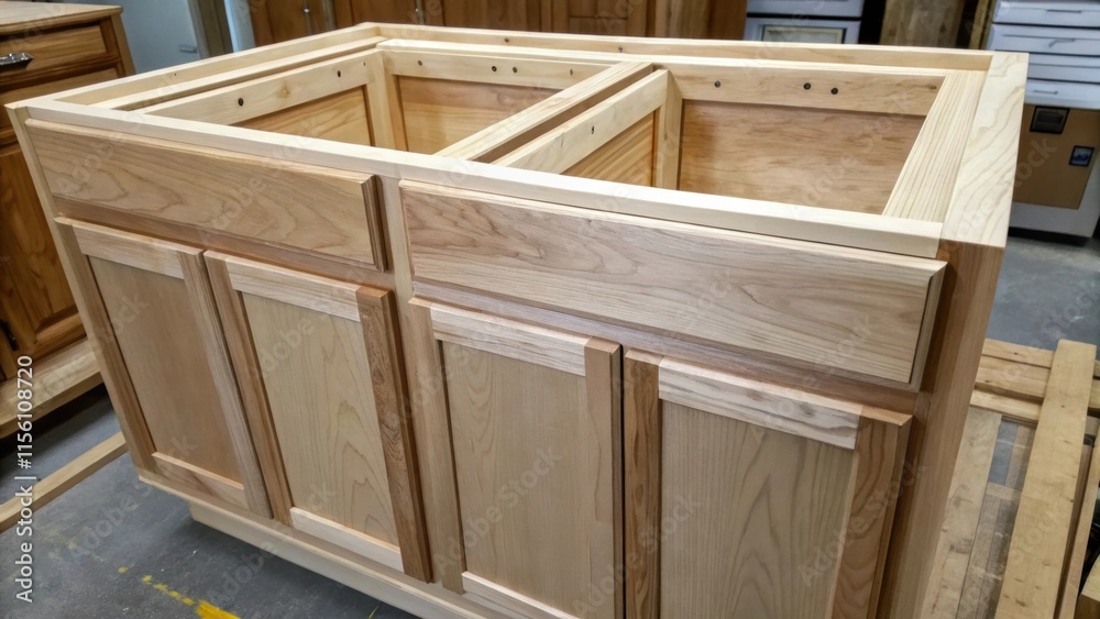 Poster a detailed view of a newly constructed kitchen cabinetry frame featuring squaredoff edges and an unf