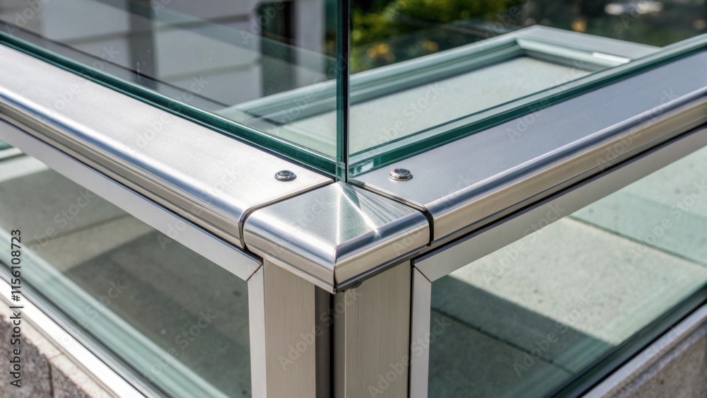 Poster a detailed view of a glass panels corner showcasing the seamless fusion of glass to aluminum trim co