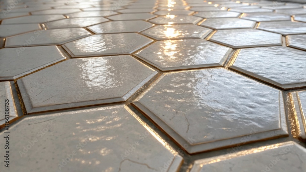 Poster A detailed view of a glossy hexagonal tile featuring a radiant sheen reflecting light and casting delicate shadows that accentuate the uniqueness of the entryway.