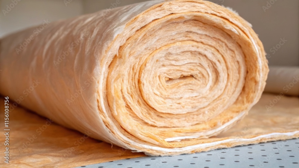 Poster a detailed view featuring a partially unwrapped roll of insulation with its soft fibrous interior ex