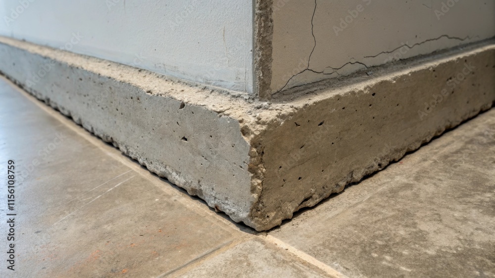 Poster a detailed view of a corner where the concrete floor meets a wall showcasing the jagged edge and sli