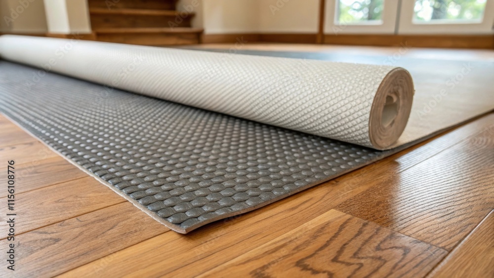 Poster a detailed shot of the underlayment featuring a cushioned residentialgrade barrier spread across the