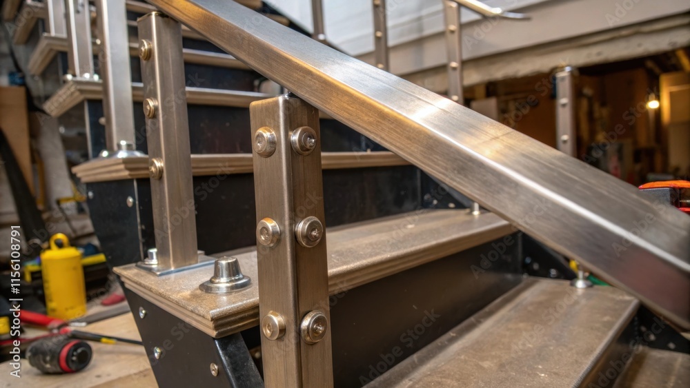 Poster a detailed shot of metal brackets being installed to support the staircase with glints of light refl