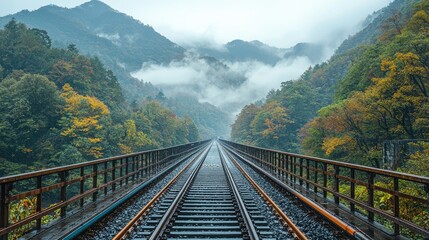 Fototapeta premium A serene railway track stretches through a misty, colorful autumn landscape.